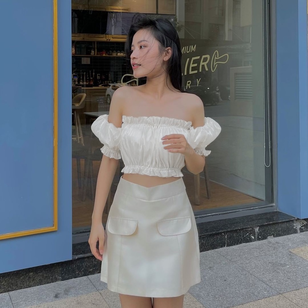 Áo trễ vai croptop tay bồng rời [2 lớp] Áo quây chất tơ oganza A-3M.