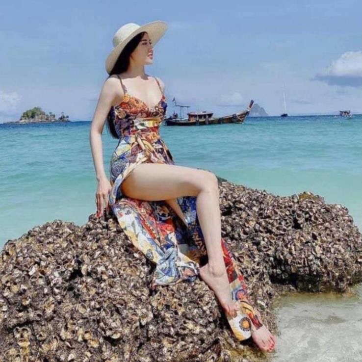 Đầm maxi dài thổ cẩm xẻ tà có quần trong váy đầm đi biển dây áo điều chỉnh được độ dài, có mút ngực có size S M - Hàng m