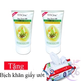 Combo 2 chai Sữa rửa mặt Titione Tràm Trà ngăn ngừa mụn chai 70g Tặng 1 bịch khăn giấy ướt 80 tờ