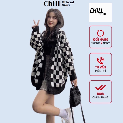 Áo cardigan cúc cài cổ V họa tiết bàn cờ trẻ trung cá tính Chillfashion