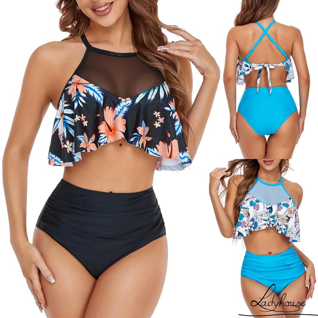 LD-Women´s Swim Wear Outfits, Sleeveless Flower Printed Backless Tie Up Ruffles Decor Tops + Elastic High Waist Shorts
