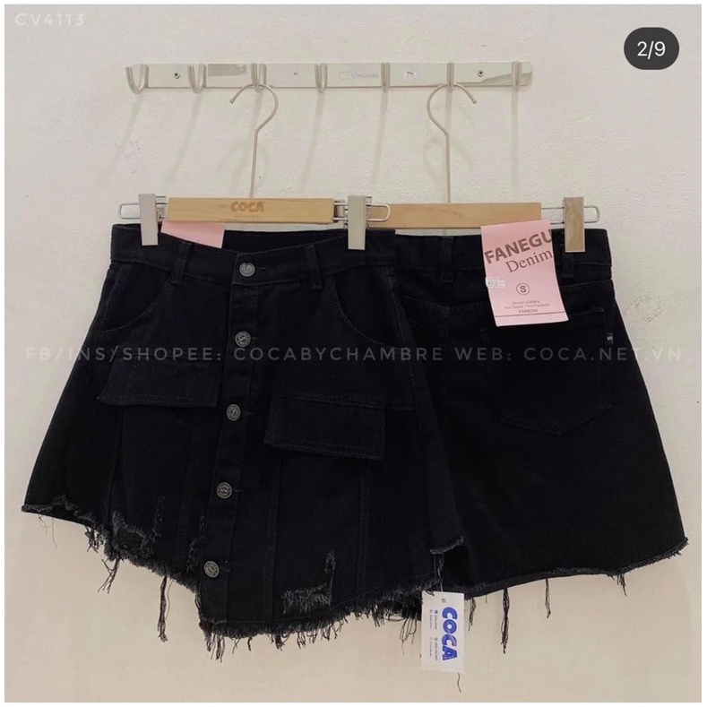 Chân váy bò đen rách cạp lệch 5 khuy