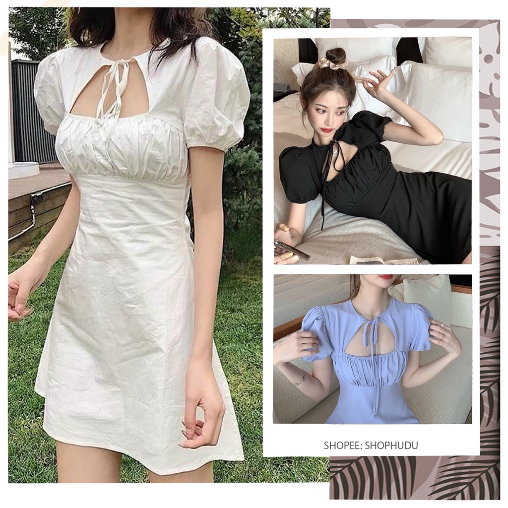 V012 Váy khoét ngực tay bồng sexy ôm body quyến rũ đầm ngắn thắt nơ nhúm ngực điệu đà chữ A tiểu thư công chúa xinh xắn