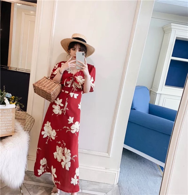 (Order) có big size Đầm maxi hoạ tiết hoa to cổ V phối bèo, xẻ chân 2019