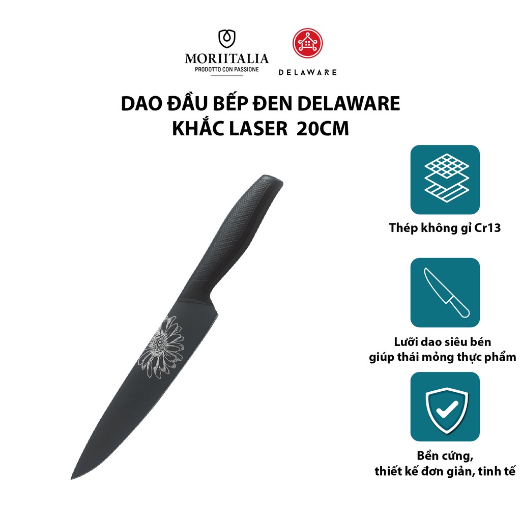 Dao đầu bếp Delaware đen khắc laser siêu bén không gỉ Moriitalia 007030