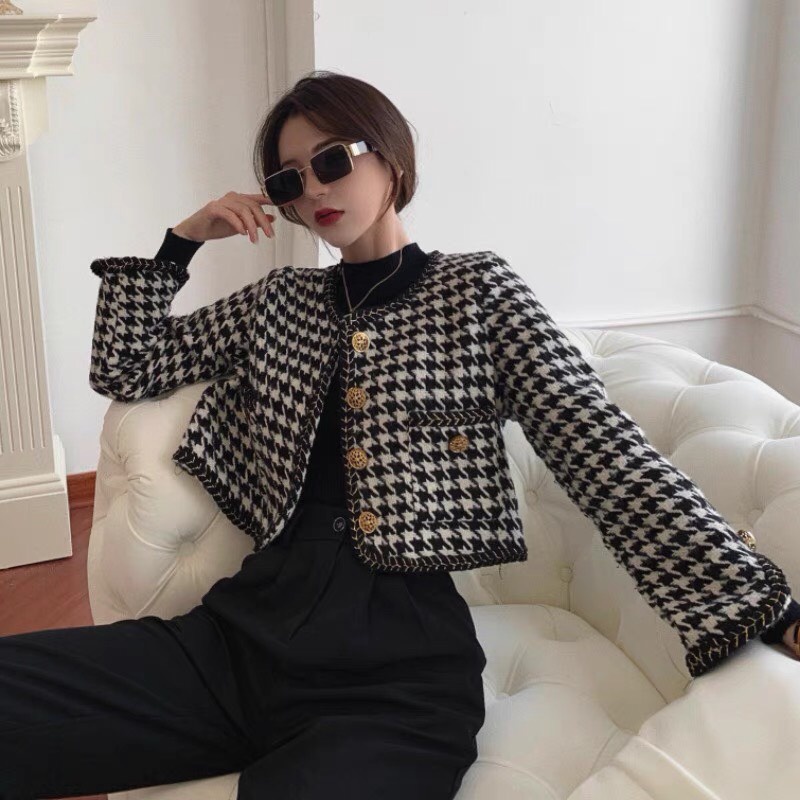 Áo dạ Tweed Forgirl kẻ caro dáng ngắn tiểu thư áo cardigan dạ dày dặn