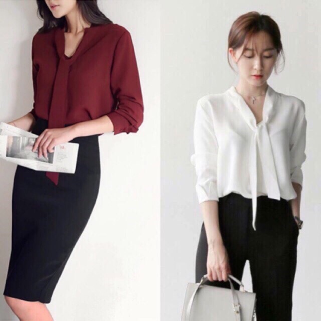 Sơmi nữ voan lụa có nơ ngực, 2 màu đỏ và trắng
