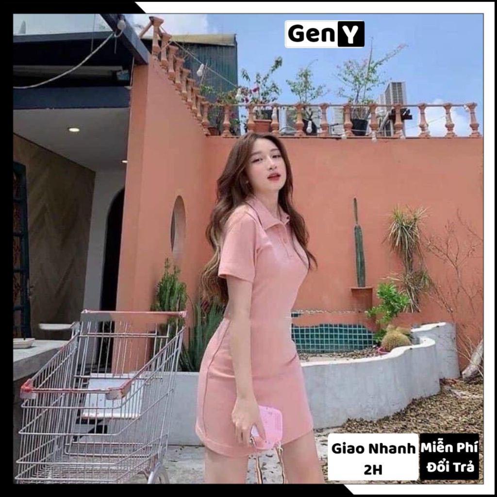 Đầm Body Cổ Polo GenY Chất Cotton Váy Dáng Ôm Trơn Màu Hồng Tay Ngắn Siêu Xinh