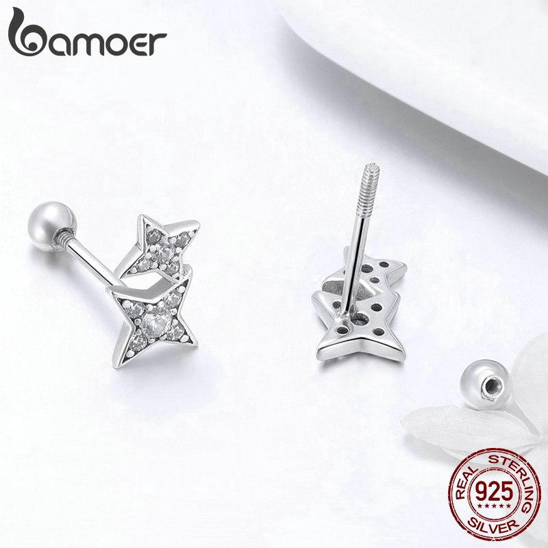 Khuyên tai Bamoer SCE432 bằng bạc 925 hình ngôi sao đính đá zircon xinh xắn cho nữ