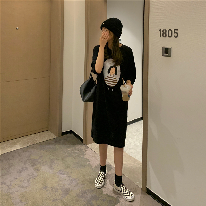 SUXI Đầm midi ngắn tay cổ tròn in họa tiết xinh xắn theo phong cách Hàn Quốc