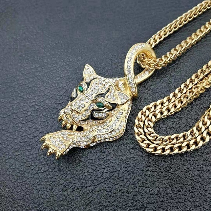 Gold Diamond Tiger Animal Pendant Necklace Men's Jewelry