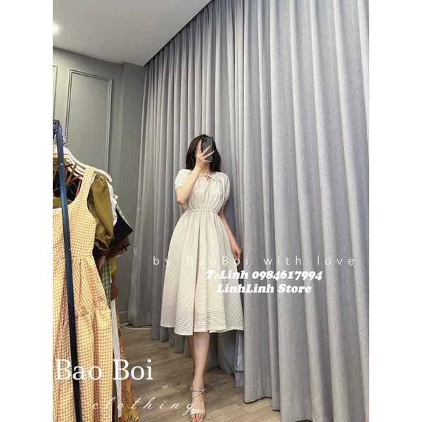 Váy Đũi Xốp Kẻ Kèm Chun Buộc Tóc 3 Màu Siêu Xinh