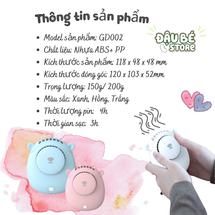 Quạt Mini Tích Điện Đeo Cổ Cầm Tay - Quạt Đeo Cổ Xinh Xắn Nhỏ Gọn Hình Gấu Đầu Usb - Daube - Gd002