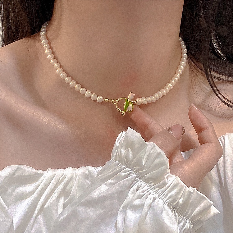 Vòng Cổ Choker Mặt Hoa Tulip Ngọc Trai Thanh Lịch Thời Trang Cho Nữ