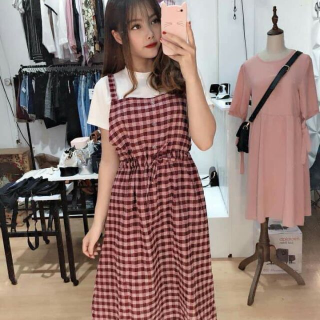 Đầm yếm rời caro có rút eo
