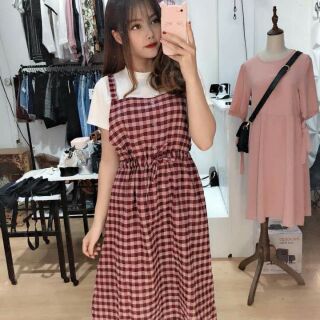 Đầm yếm rời caro có rút eo