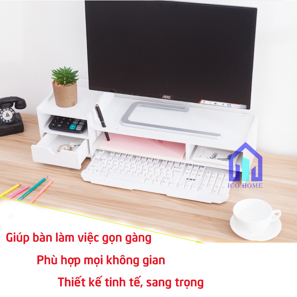 Kệ để màn hình máy tính, laptop màu trắng có 2 ngăn kéo, khay đựng tài liệu - ICO HOME