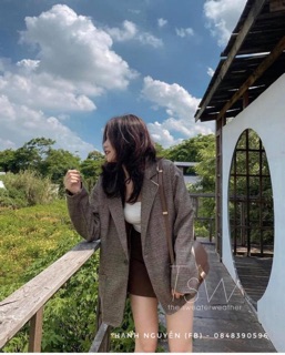 Áo blazer dạ kẻ hàng 2 lớp 1 khuy kèm ảnh thật