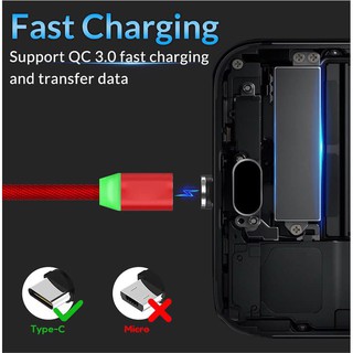 Dây sạc nam châm có đèn led gồm 3 đầu Iphone, Type C, micro USB