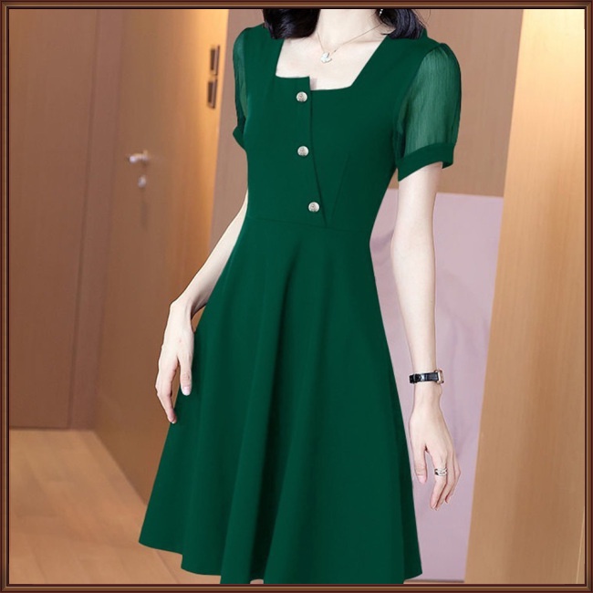 Đầm Tay Ngắn Cổ Vuông Màu Sắc Trơn Thời Trang Dành Cho Nữ