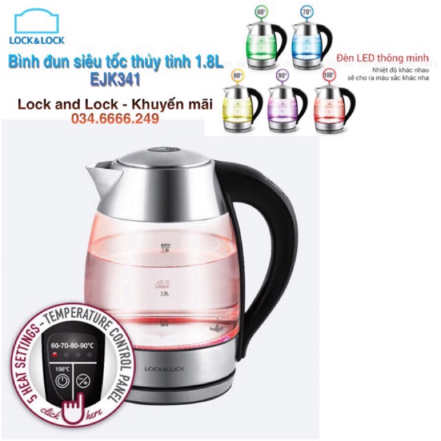 [LOCK&amp;LOCK]ẤM ĐUN SIÊU TỐC GLASS KETTLE CÓ ĐIỀU CHỈNH NHIỆT ĐỘ -EJK341(1.8L)