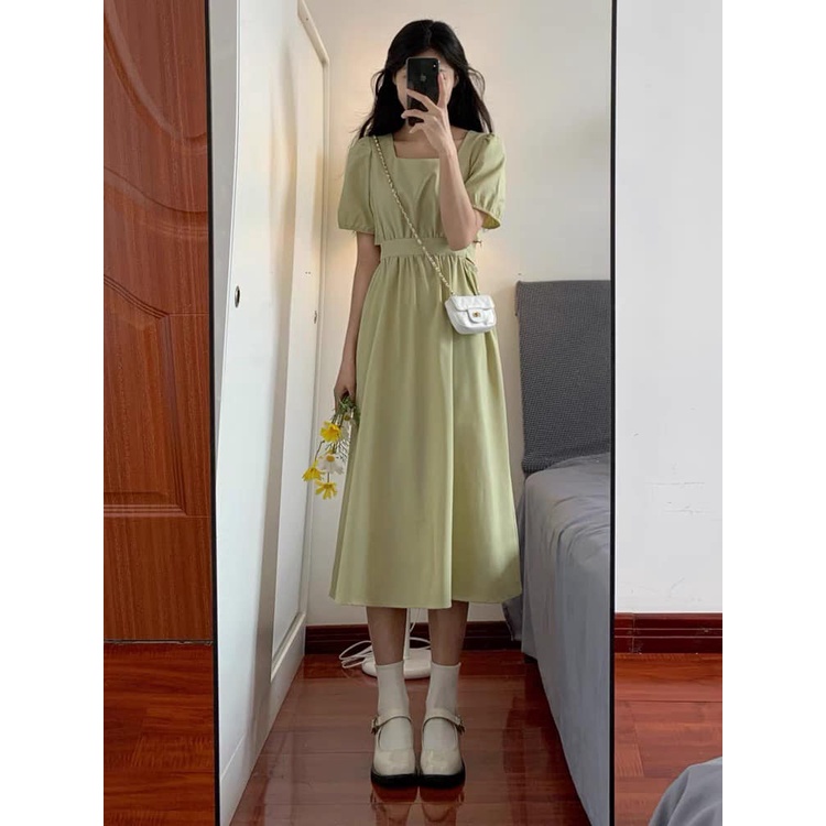 Váy dài cổ vuông KHOÉT EO cộc tay dáng dài midi thanh lịch chuzme