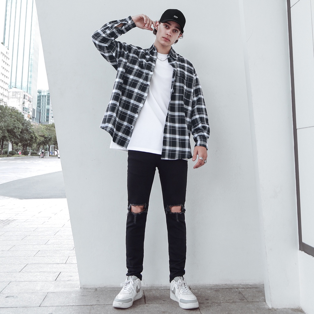 Áo Sơ Mi Flannel Màu Tím Sọc Đen Trắng Form Rộng Thoải Mái Chất Liệu Cotton Thoáng Mát Phong Cách Đường Phố