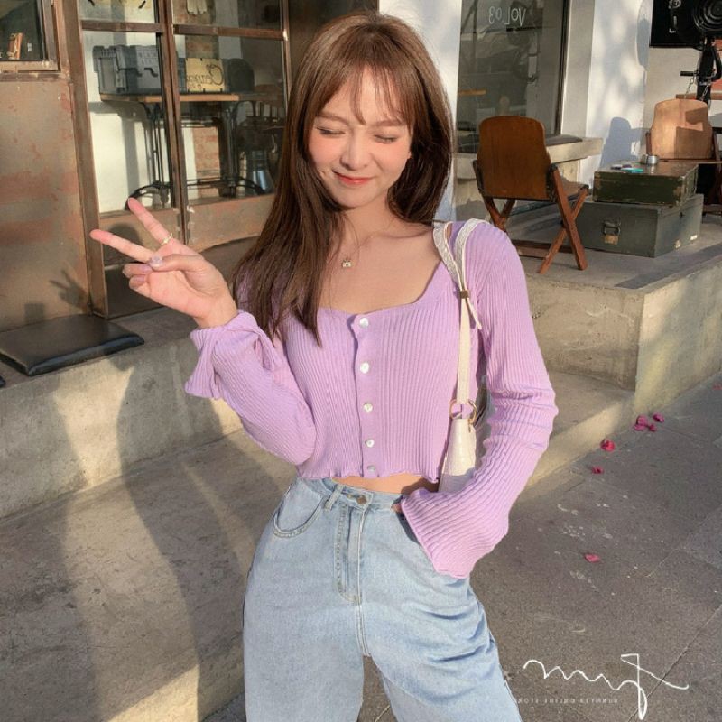 áo thun len nữ croptop tay dài phong cách hàn quốc siêu xinh