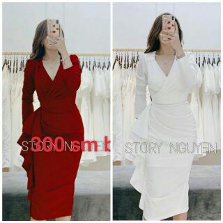 (TOP BÁN CHẠY) VÁY body thiết kế đỏ dự tiệc DÀI TAY / VÁY BODY dài tay cổ tym bèo sườn  ĐUÔI CÁ  (ảnh thật)