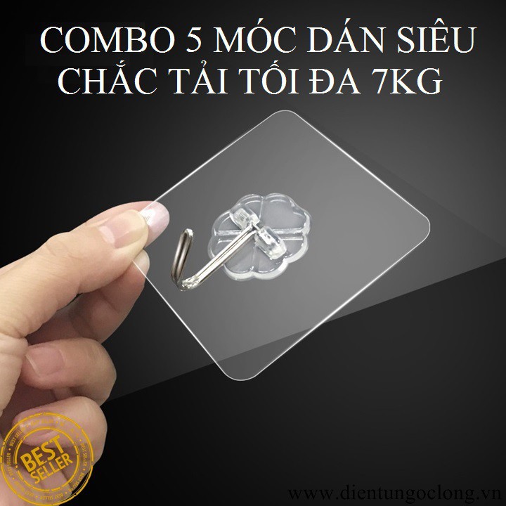 Combo 5 chiếc Móc dán tường siêu dính trong suốt Móc dính tường chịu lực 5kg