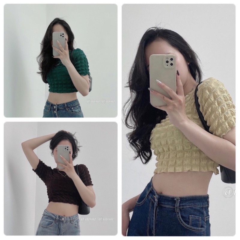 Áo Croptop Chất Caro Xốp Nữ [FREESHIP]  Thun kiểu body cộc tay dáng ôm viền bèo tiểu thư đường phố sexy, cá tính