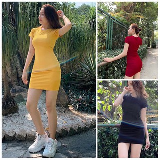 Đầm Body Cổ Tròn Thun Gân
