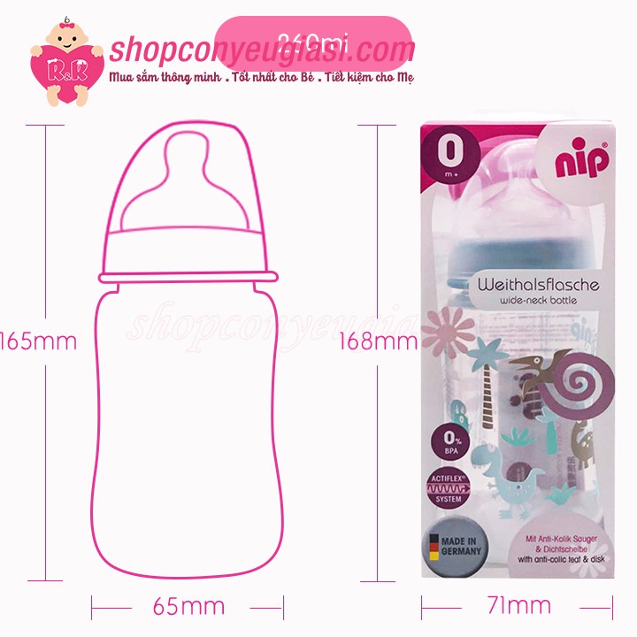 Bình Sữa NIP Nhựa PP Cổ Rộng 260ml, Núm Ti Silicon Chỉnh Nha, Chống Sặc - Made In Germany