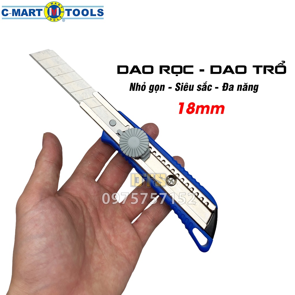 Dao rọc giấy đa năng 18mm có núm xoay C-Mart A0001, dao trổ cố định lưỡi dao siêu sắc, cắt giấy, rọc băng keo bìa carton