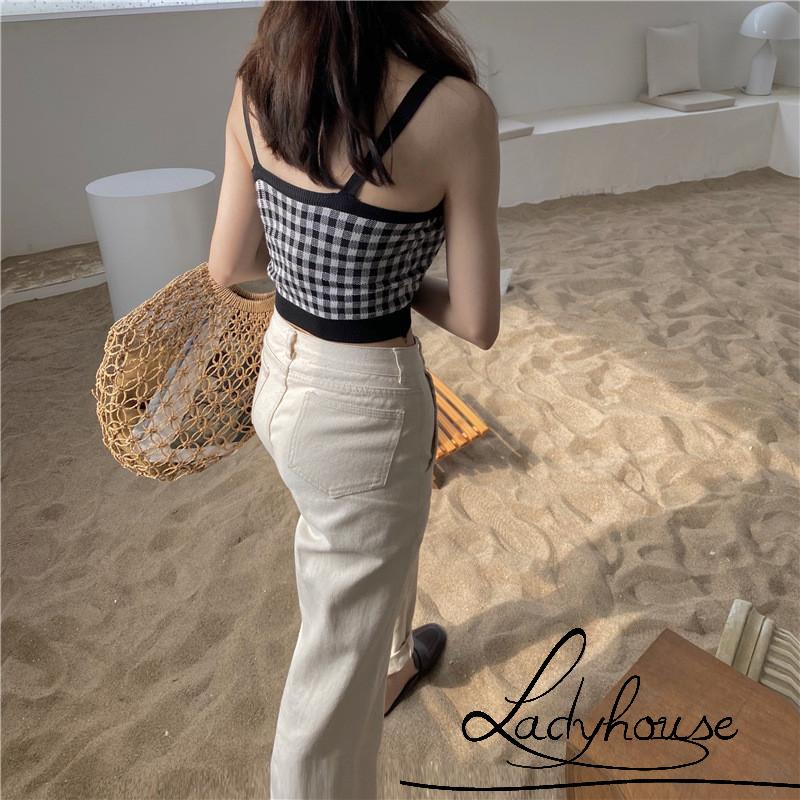 Ld-áo Dệt Kim Hai Dây Không Tay Cài Nút Kẻ Sọc Caro Cổ Điển Cho Nữ