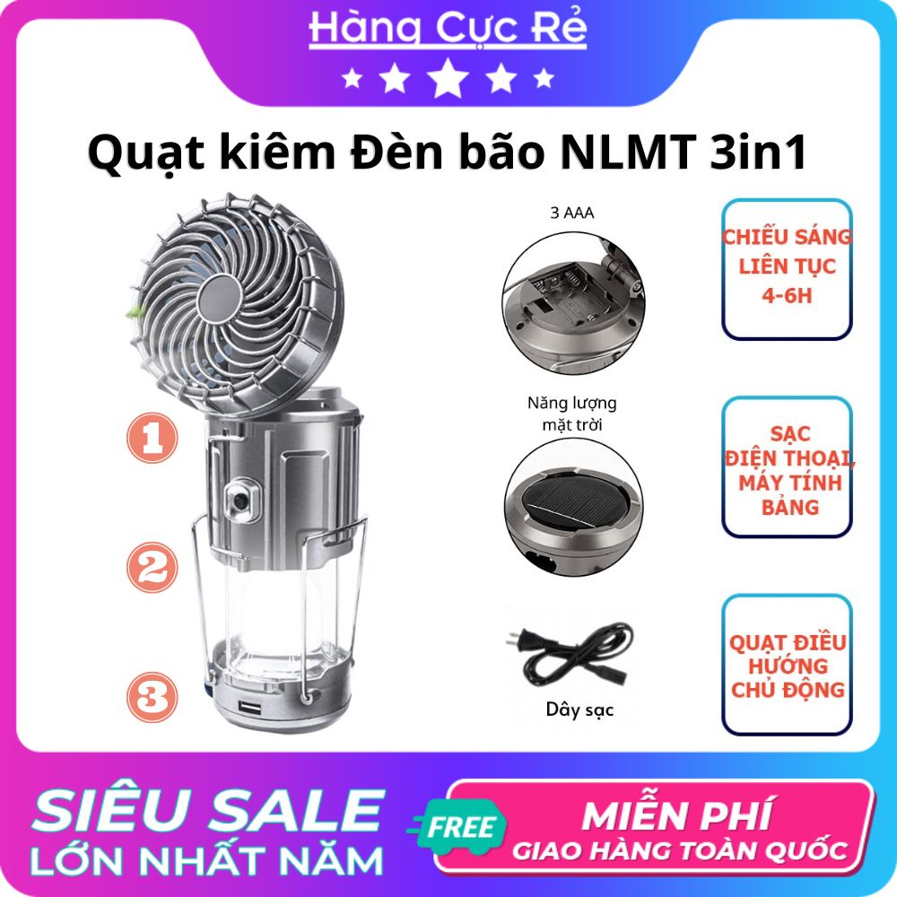 Quạt 3in1 kiêm Đèn bão Led năng lượng mặt trời, sạc điện thoại HCR9299 - Shop Hàng Cực Rẻ