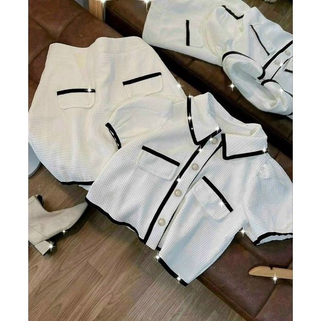SET ÁO DẠ XỐP CỔ SEN VIỀN ĐEN + CHÂN VÁY TRẮNG