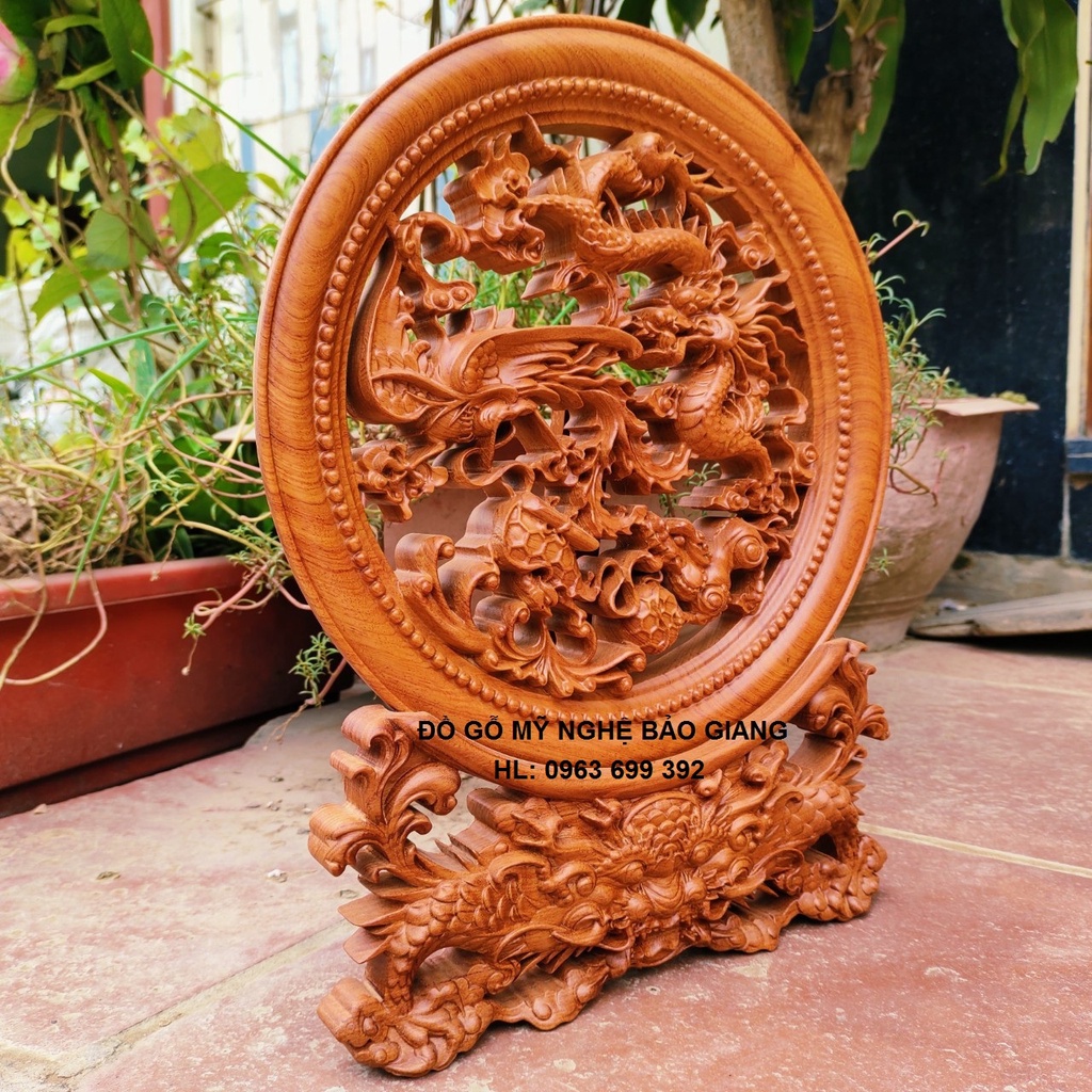 Đĩa trang trí phong thủy khắc Tứ Linh gỗ hương