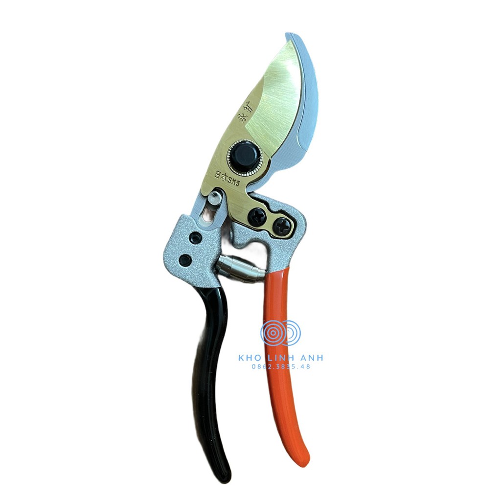Kéo cắt cành cộng lực lưỡi thép SK5 Nhật Bản made in japan, lưỡi bầu, cán cam đen - KC0020