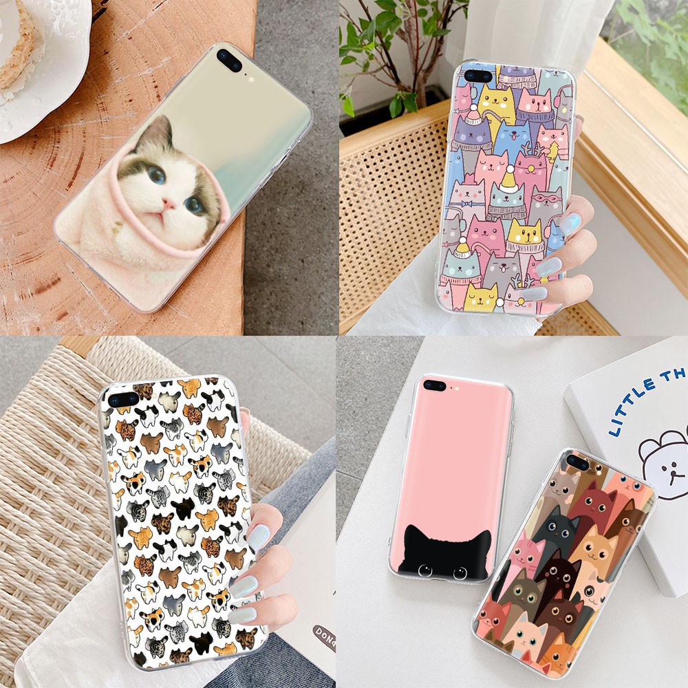 Ốp điện thoại mềm trong in mèo dễ thương VM3 cho iPhone 8 7 6S 6 plus 5 5S SE 5C 4 4S