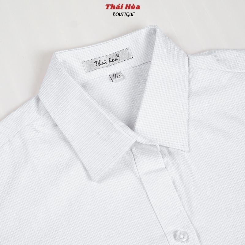 Áo sơ mi công sở nữ dài tay màu trắng đẹp kẻ caro vải cotton Thái Hòa 65-01