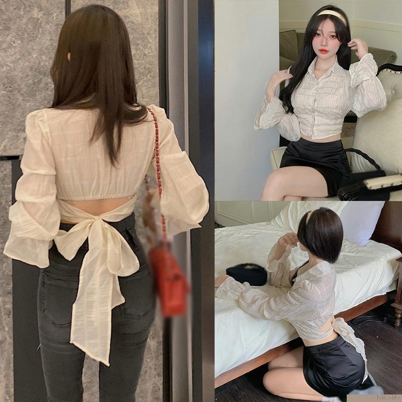 Áo sơ mi tay dài phối nơ hở lưng phong cách Hàn Quốc cho nữ