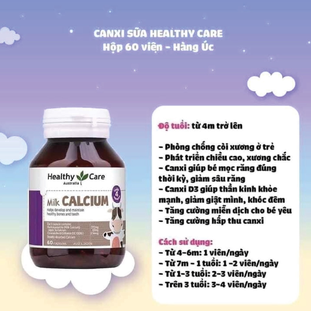 [Tem Chemist] Canxi sữa cho bé - Milk Calcium Healthy care, lọ 60 viên, Mẫu mới