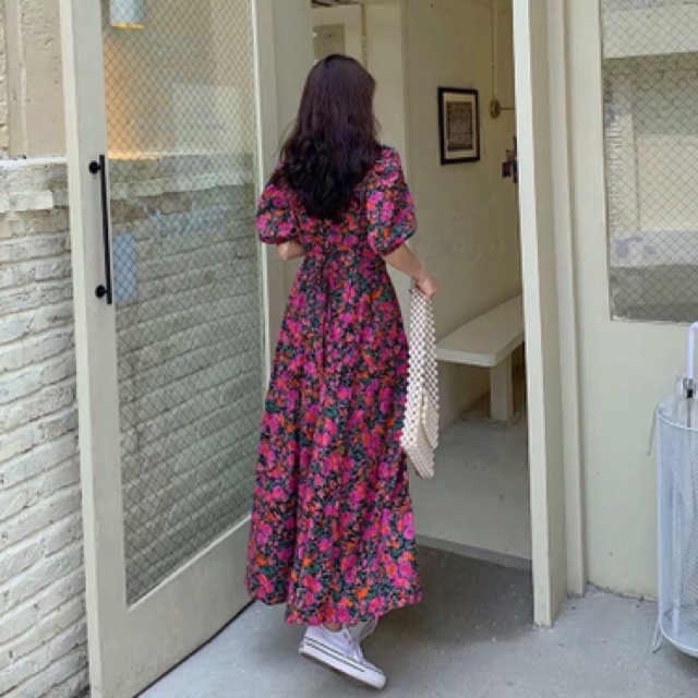 Váy đầm hoa nhí màu tím dáng xoè dài cổ vuông tay phồng thắt dây eo sang chảnh vintage đi tiệc du lịch