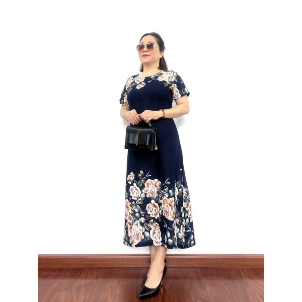 Đầm trung niên nữ,Chất liệu Lanh lụa cao cấp, Hoạ tiết hoa chân sang trọng cho quý bà