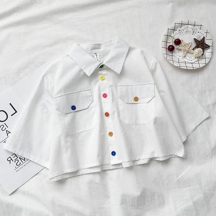 Áo Sơ Mi Croptop Nữ Tay Ngắn Form Rộng Phối Nút Nhiều Màu.