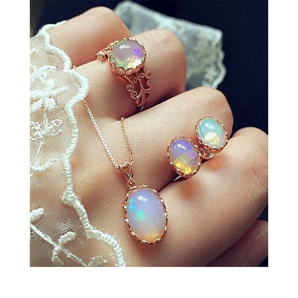 Bộ nữ trang gồm dây chuyền mặt đá thạch anh/bông tai/ nhẫn phong cách Hàn Quốc đơn giản thời trang cao cấp