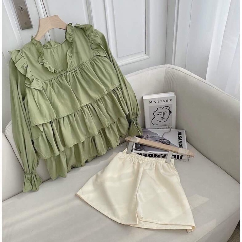 SET ÁO XANH BÈO TAY PHỒNG XẾP LY+ SHORT LƯNG THUN