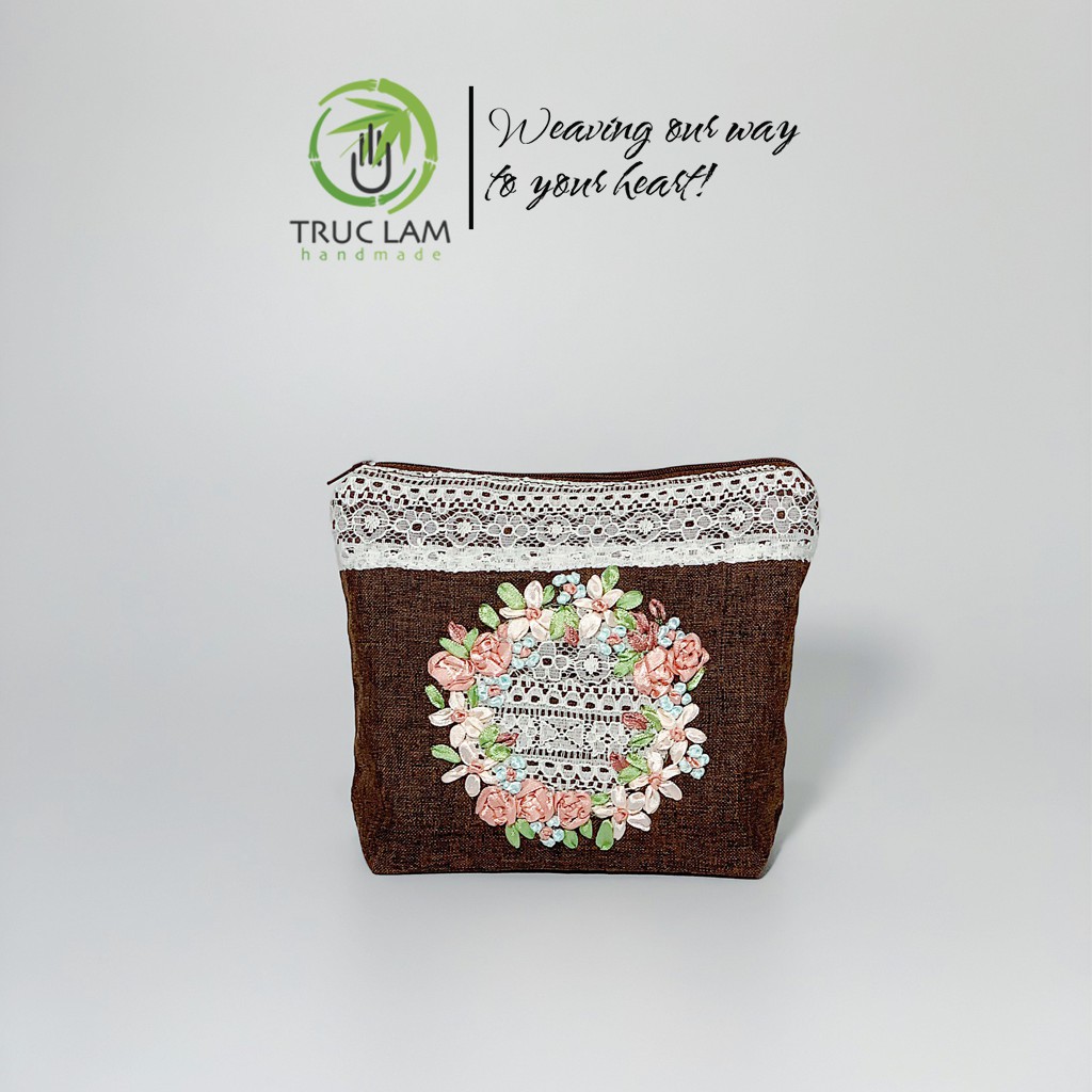Ví Cầm Tay Nữ Thêu Ruy Băng Họa Tiết Hoa Phối Ren - Trúc Lâm Handmade