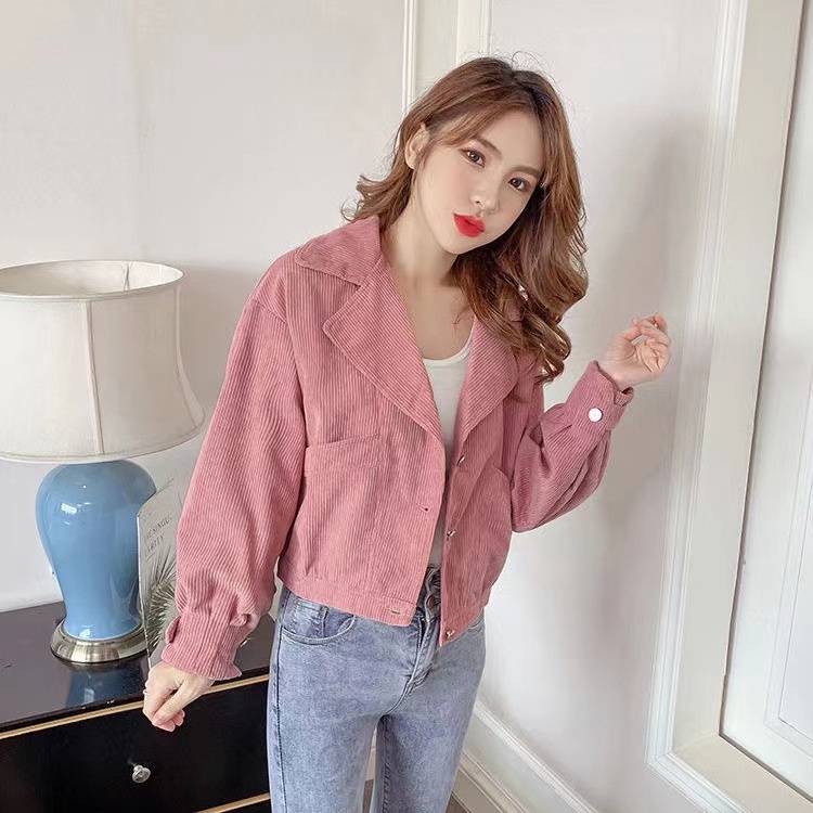 IELGY    Áo Khoác Nhung Kẻ Ngắn Giản Dị Dành Cho Nữ